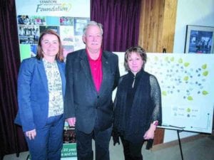 Sandra MacKenzie, chair of the Stanton Territorial Hospital Foundation, left stands in front of a mockup of the new donor tree, with foundation founding member Gordon Van Tighem and current executive director Linda Bussey on Thursday at the foundation's 20th anniversary celebration. The foundation received a $123,044.70 cheque from Bell Mobility Inc. -- leftover money from payment owed to Bell customers who were charged for a non-existent 911 service. - Jessica Davey-Quantick/NNSL file photo