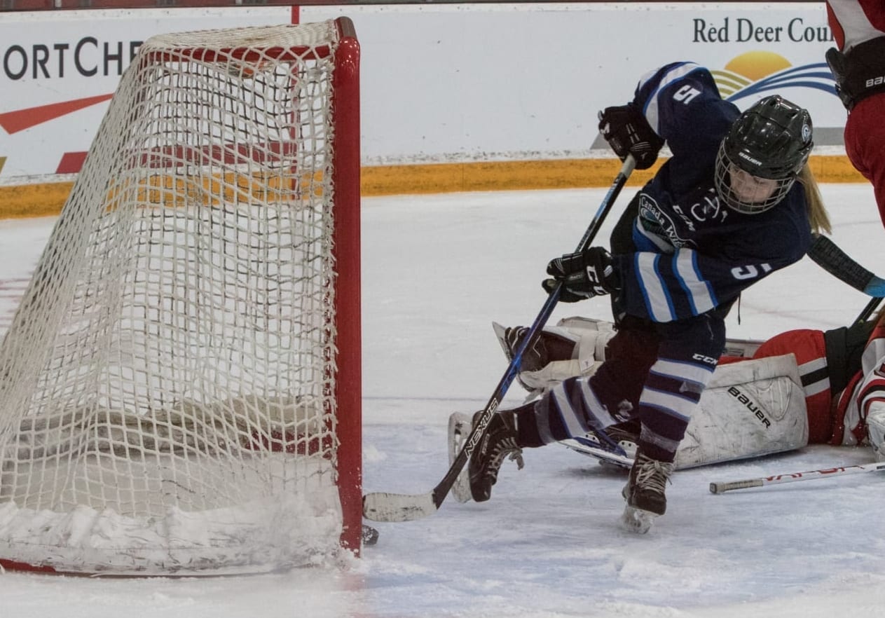 Emma Wicks scores what is possibly the easiest goal she's ever scored in her life during the girls hockey game against Yukon at the Canada Winter Games in Red Deer, Alta., on Tuesday. Mark Holloway/Canada Winter Games photo