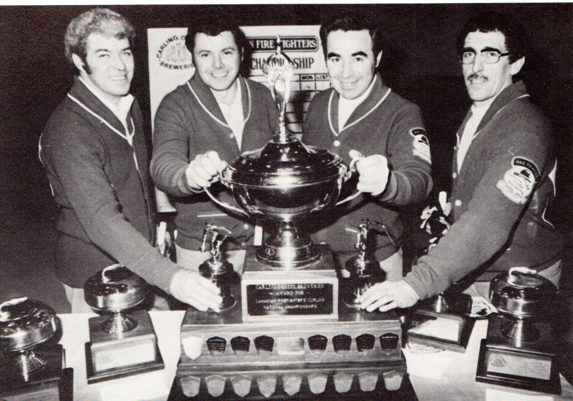The Fort Smith Fire Department won back-to-back Canadian Firefighters Curling Association championships in 1976 and 1977. They are, from left, Howard Brazeau, Dick Cisaroski, Jim Schaefer and Mickey MacEachern. photo courtesy of Canadian Firefighters Curling Association
