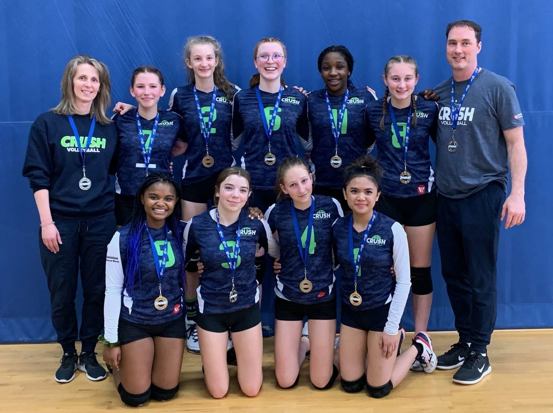 The Crush Volleyball Club's 15U girls outfit came home from Volleyball Alberta's 15U Premier 1 tournament in Edmonton last weekend with the gold medal in Tier 3. They are, front row from left, Naledi Ndlovu, Payton Major, Gillian Furniss and Thea Marzan; back row from left, head coach Jeannie Mathison, Alanna Pellerin, Tamara Mathison, Andrea Geraghty, Oleta Duru, Keira Coakwell and assistant coach Mike Mathison. photo courtesy of Jeannie Mathison