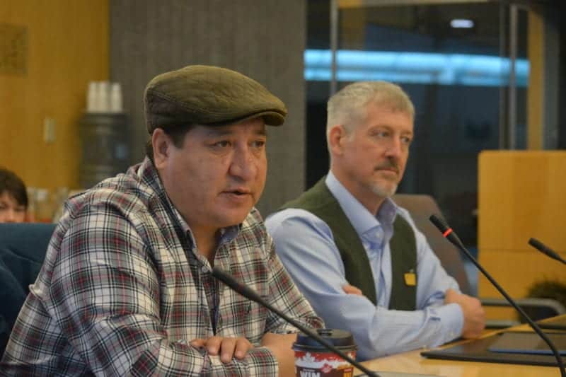 Lutsel K'e Dene First Nation's chief negotiator Steven Nitah, left, is pressing the legislative assembly to pass legislation on Thaidene Nene, a proposed national park. Nitah and lawyer Larry Innes made a presentation to the Standing Committee on Economic Development and Environment on Oct. 17. NNSL file photo.