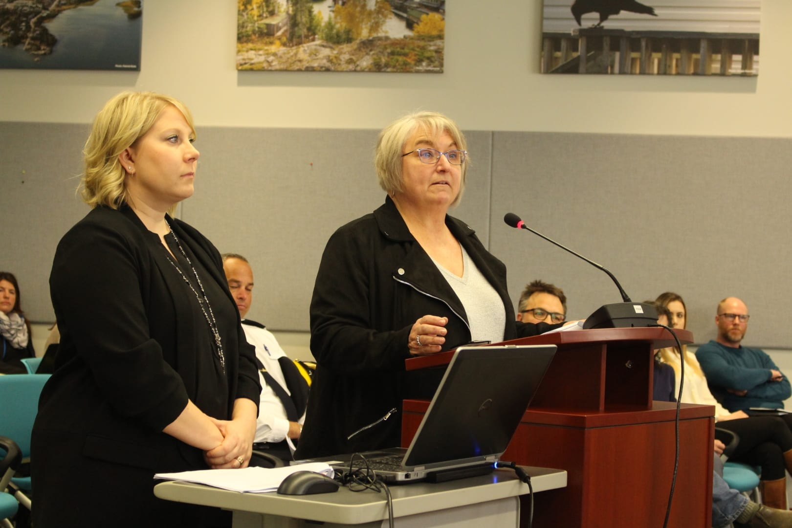Nathalie Nadeau, left, and Denise McKee, executive director of NWT Disability Council, made their case for the positive impact the sobering centre and day shelter is having on the community. Brett McGarry/ NNSL Photo