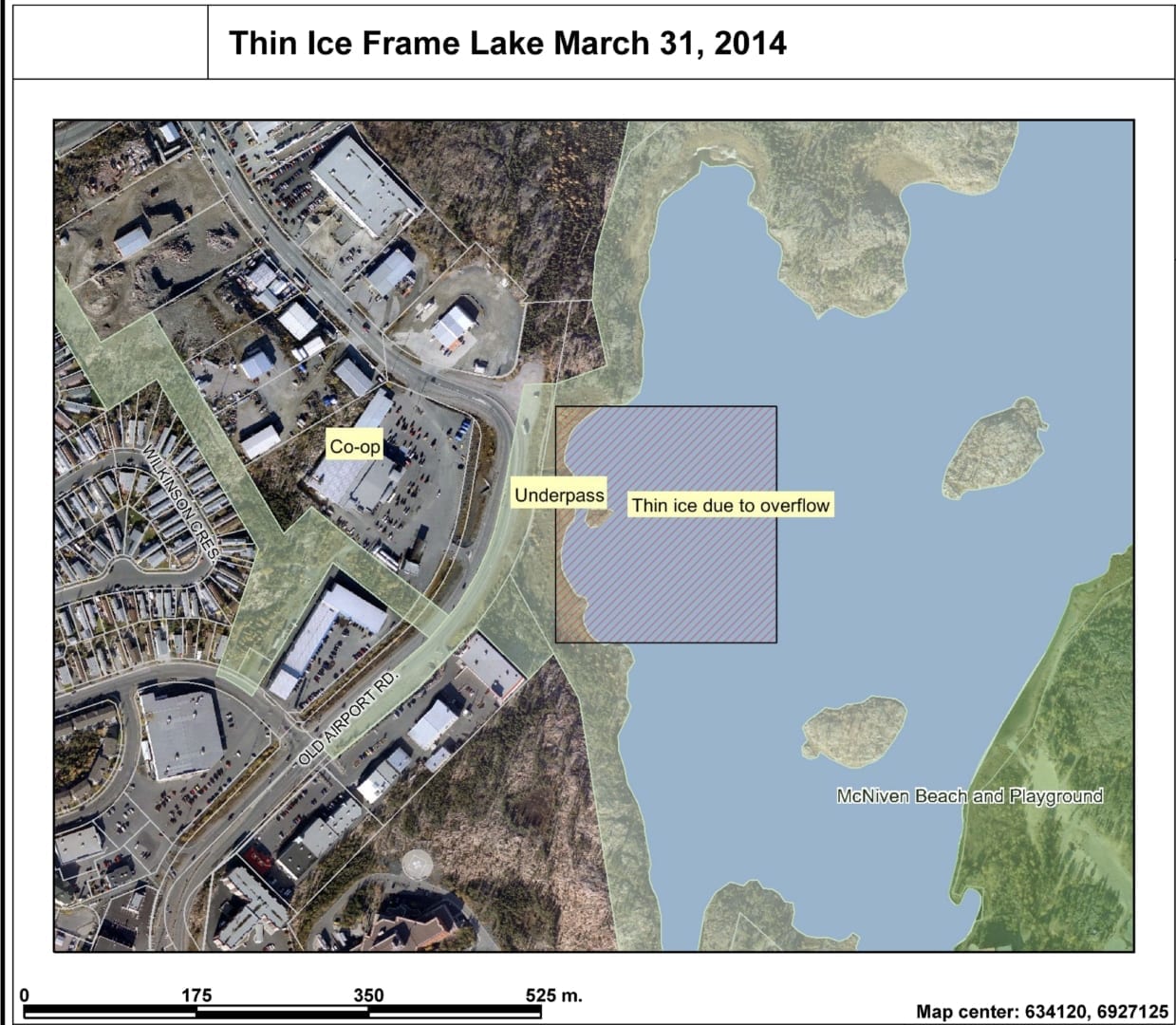 The City is advising residents avoid the highlighted area on the map due to thin ice. Photo courtesy of The City of  Yellowknife