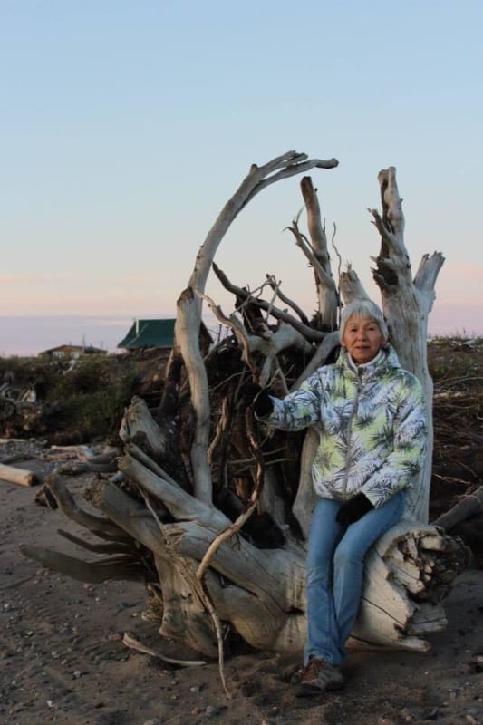 Sandra Mangelana-John – On the shoes of the Beaufort Sea. Upturned tree trunks make awesome thrones. Near my hometown of Tuktoyaktuk.