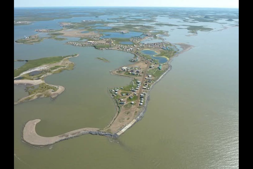 An aerial view of Tuktoyaktuk from 2018. The community is celebrating a milestone this weekend after completing its first coastline mitigation project on time and on budget. Photo courtesy of Mervin Gruben