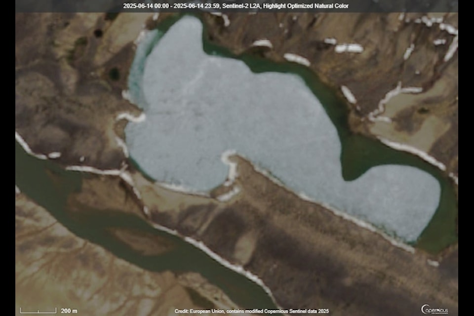 Angus Lake on June 4, 2025, as the surface ice begins melting away. The site is located near Sachs Harbour. Photo courtesy Robbie Pascal