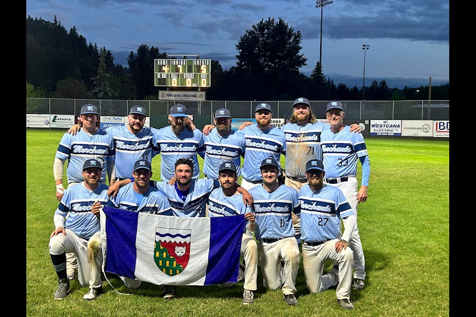The Yellowknife Merchants senior men's fastball team are champions of the 2025 John Cho Cup invitational tournament after winning the title in Prince George, B.C., on June 29. They are, front row from left, Ryan Thiel, Brian Couvrette, Trent Dundas, John White, Devin Case and Ryan Simpson; back row from left, Andy Williams, Garrett Hinchey, Steve Thomas, Ryan Nichols, Chad Hinchey, Devin Hinchey and Brent Hinchey. Photo courtesy of Yellowknife Fastball League