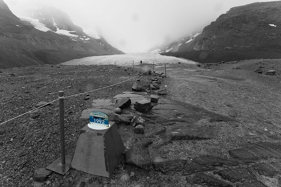 A 2011 photo showing the extent of retreat of the Athabasca Glacier, which is part of the Columbia Icefield in Jasper National Park. A new study has found ash from ongoing wildfires each summer have caused glaciers to melt twice as fast as when this photo was taken. Photo courtesy Sébastien Launay/Creative Commons