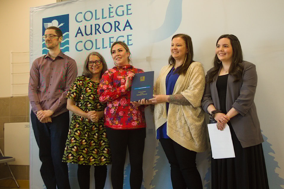 Stephanie Cardinal-Clark celebrates her completion ceremony alongside Dylan Carrie and Falina Norred, on the left, and  Amanda Chaulk-Parrott and Brittany Rhodes, on the right.