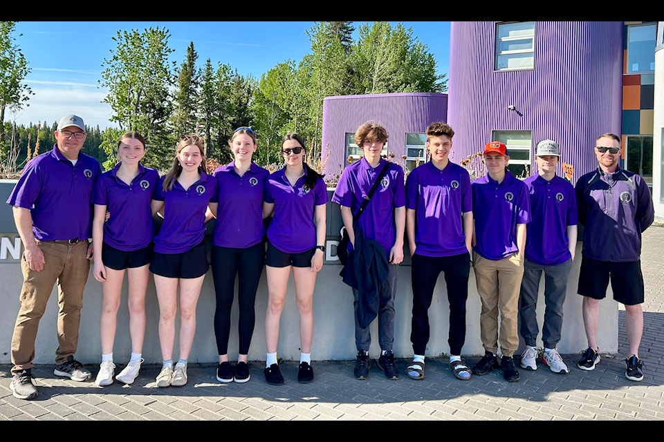 Diamond Jenness Secondary School's golf team did battle with PWK High School of Fort Smith at the Hay River Golf Club on June 14 in what was called the 'unofficial' NWT School Golf Championship. They are, from left, coach JJ Hirst, Rylee Robillard, Corrine Smith, Mackenzie Schwartz, Rylie Beck, Byron O'Brien, Dawson King, Hudson Hirst, Ryder Korotash and coach Jordan Wheeler. Photo courtesy of Hay River Golf Club