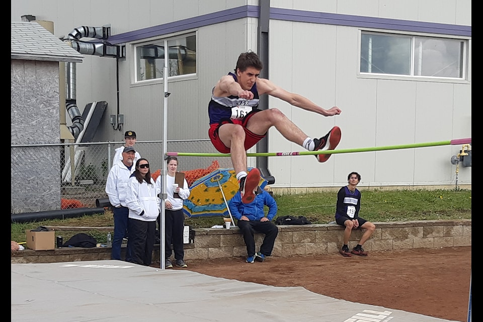 Hay River's Cash Rewega would make this jump at 1.70 metres, which ended up being his winning leap in the U19 boys high jump at the NWT Track and Field Championships in Hay River on Thursday. 