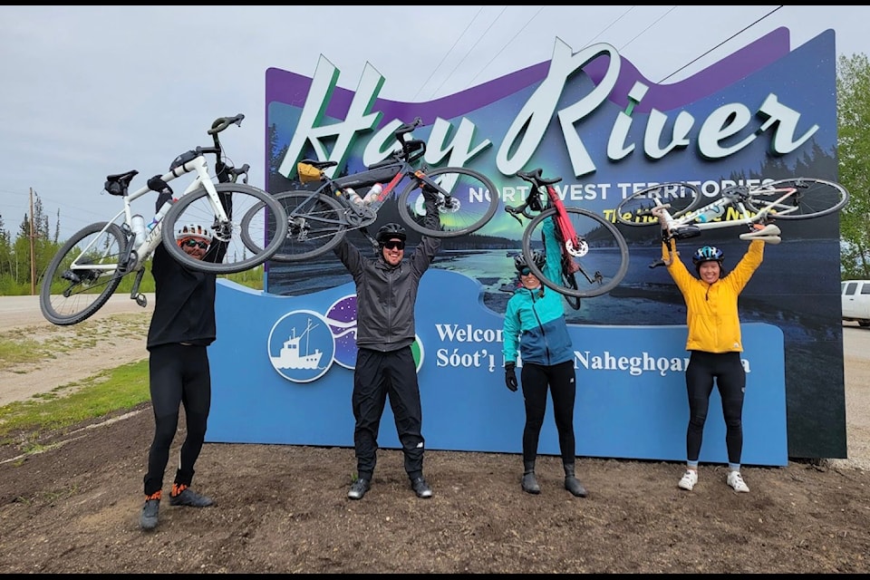 A few of the 38 cyclists who happily made it to Hay River from Yellowknife during the three-day bike journey at the end of May. From left, Ryan Planche, Aaron Cotterill, Julia Gyapay and Sara Wong, one of the organizers of the annual ride.