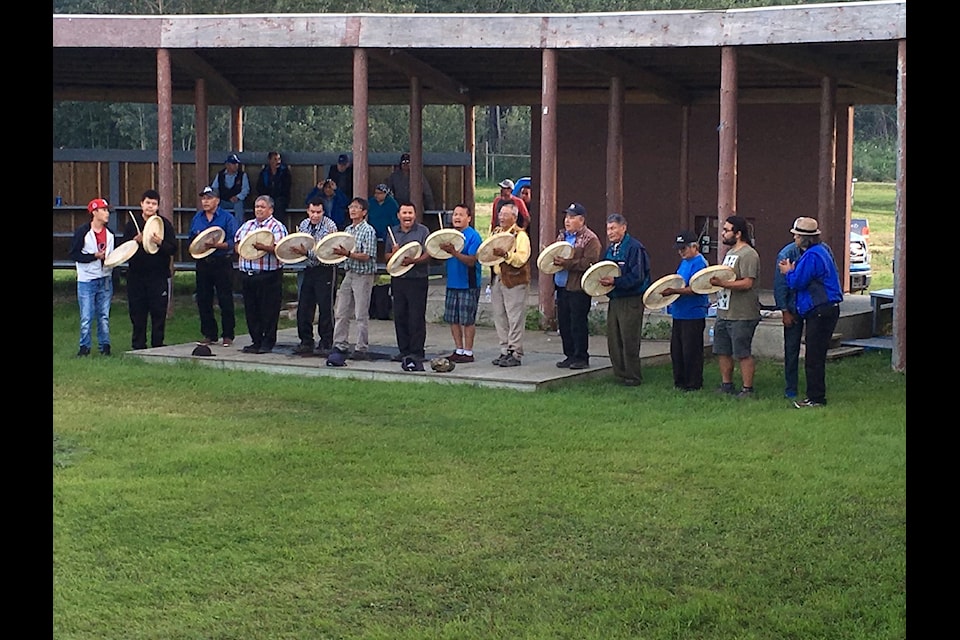 A group of drummers perform at a drum dance during the 2016 Dene National Assembly at Fort Simpson. Photo courtesy of Jean Erasmus