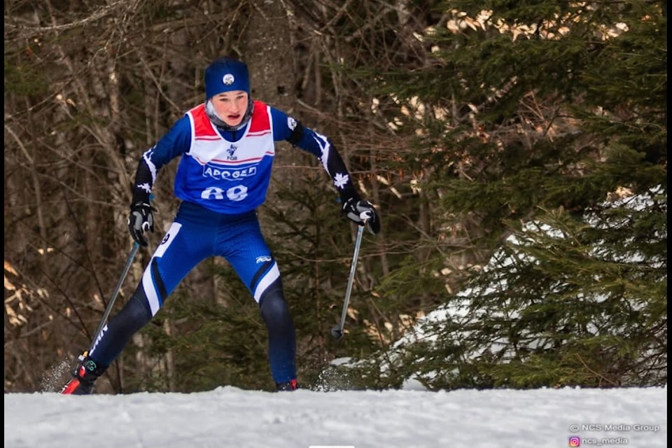 Kason Coombs races up a hill on course during the 6 km sprint race at the Canadian Biathlon Championships in Valcartier, Que., on March 8. Photo courtesy of Ashley Coombs