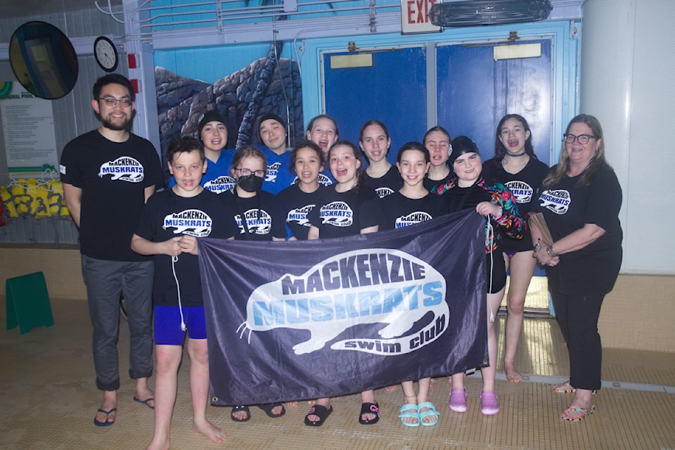 Inuvik's 2024 Mackenzie Muskrats. Front Row, from left, Ivan Raska, AJ Lalonde, Eleanor McLeod, Hope Logan, Winnie Jenks, Ophelia Dagar, coach Kirsten Fleuty. Back row, from left, coach Everett Yee, Sierra Scheiwiller, Mairy Devlin, Caitlyn Wright, Katya Bocharova, Anastasiia Bocharova, Marlo Jenks.  Missing: Max Harlow, West Wolki, Brooke Dalton and Lachlan Conway-Adams.