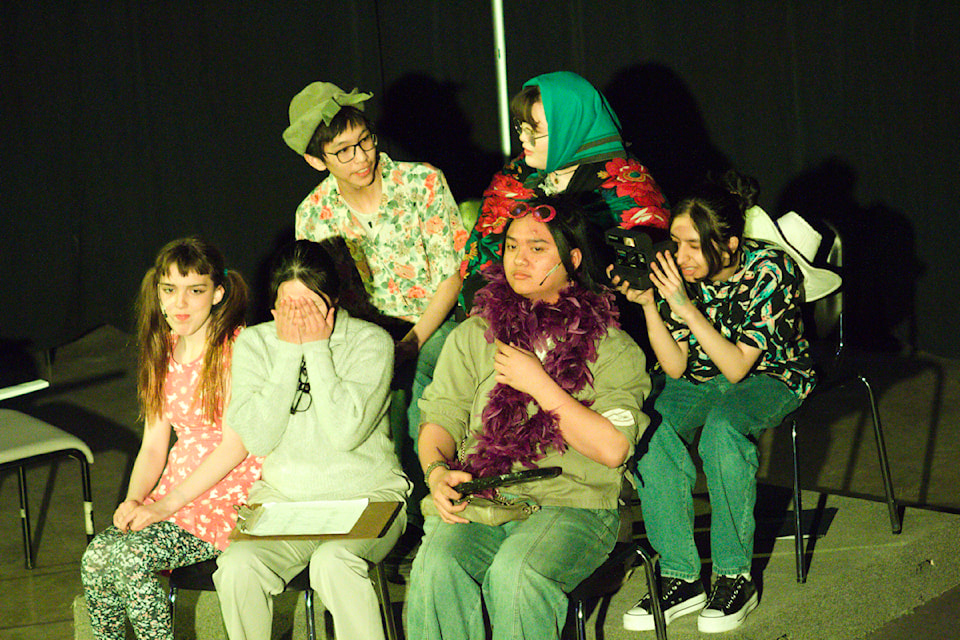 Zandria Blake expresses her frustration with a driving student's family as East Three secondary school held its annual dinner theatre on May 24 with a series of one-acts related to driving school hijinx. To her left is Aerayana Reardon and to her right Kurt Loman. In the back row is Thomas Thrasher, Ella Tingmiak and Bisikha Dhungel.