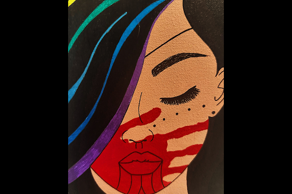 SAӰӴýMy original piece is called Inuk Beauty, and does not have the red hand over the mouth, so I added it to represent MMIWG and the rainbow hair is for the Two-Spirit/LGBTQI+ communities," says Iqaluit artist Eva Young of her piece entitled 'Inuk Empowerment & No More Silence'. "The red hand is my own hand, and for me personally, itSAӰӴýs a way for me to connect to my Inuk heritage. Growing up half Inuk and Ojibway I always had a sense of 'imposter syndrome.' Painting Inuk/Native inspired paintings gives me a sense of belonging or connection.