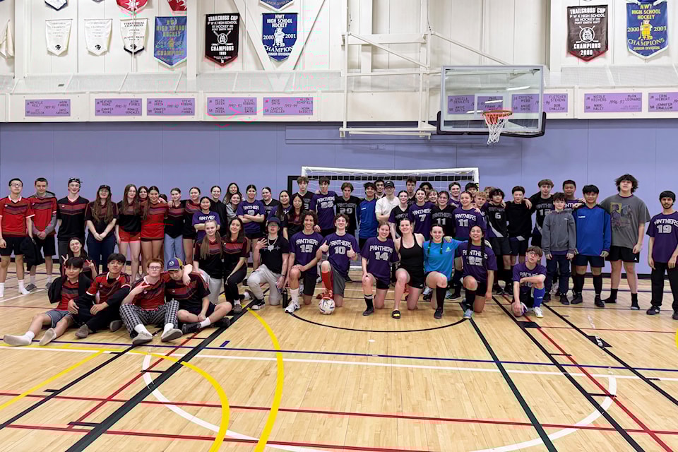 The players from all the teams gather for a post-tournament group photo after the completion of the South Slave Super Duper Soccer tournament in Hay River on May 11. Photo courtesy of Christy Schwartz