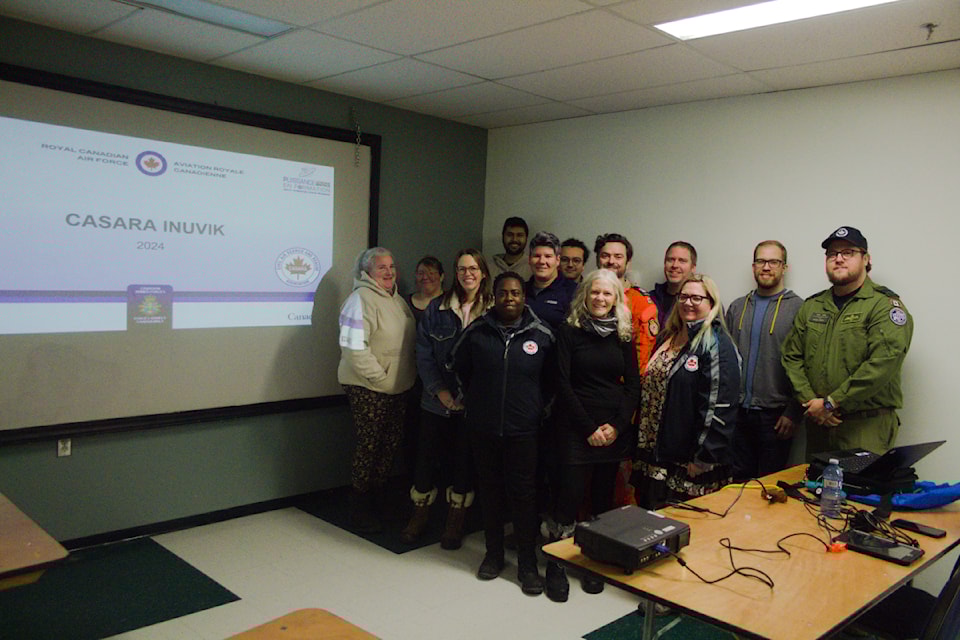 Eyes in the Sky — Inuvik Civil Air Search and Rescue Association just completed renewing their two-year certification on Oct. 19 to 20. Back row, from left: Eva Kratochvil, Tracy Davison, Kristen Heavener, Hamzah Yaqoob, NWT training officer Monica Kreft, Nathan Faust,  Canadian Forces Sar-Tech instructor Kevin Cochrane, Adom Thom, Steve Anderson, Canadian Forces liaison officer Mackenzie Cook. Front row, from left: Roxanne Springer, Thelma Floyd and CASARA Inuvik zone commander Kirsten Fleuty.