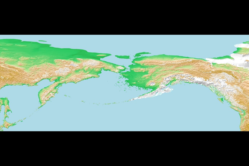 An image of the Bering land crossing as it probably looked approximately 8,000 years ago. Image courtesy of Wikimedia Commons