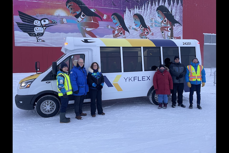 The city officially unveiled its Yk Flex fleet of accessible vehicles at the Fieldhouse on Dec. 6. From left, driver Hiro Kobayashi, city manager Stephen Van Dine, Mayor Rebecca Alty, city engineering manager Wendy Newton, city engineer Wilford Montenegro and Matt Spence of TransDev.