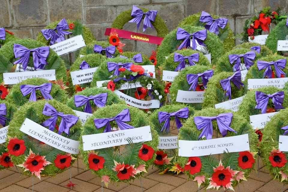 Hundreds of came out for the Remembrance Day ceremony at the North Delta Social Heart Plaza on Monday, Nov. 11, 2024 where dozens of wreaths were layed to honour all those who have served and the many who made the ultimate sacrifice.