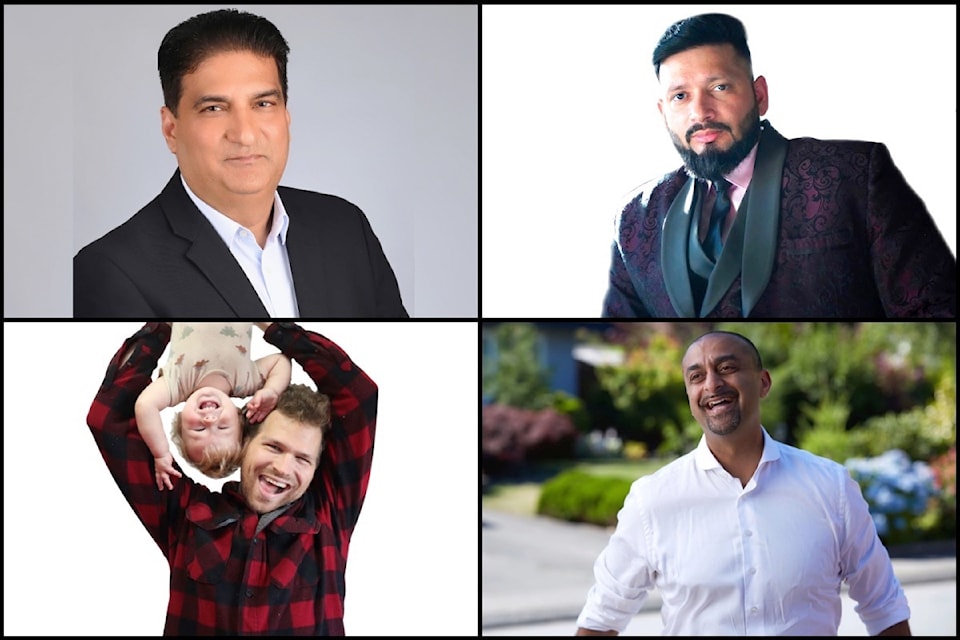 Four candidates are vying to represent Delta North in the B.C. Legislature after this fall's provincial election: (clockwise, from top-left) Raj Veauli with the Conservative Party of B.C., Manqoosh Khan with the Freedom Party of B.C., Ravi Kahlon with the B.C. NDP, and Nick Dickinson-Wilde with the B.C. Green Party.