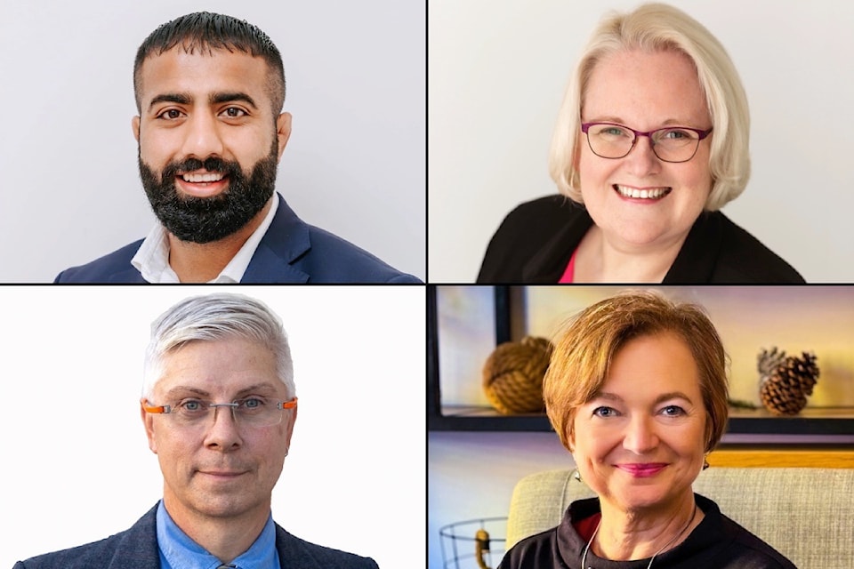 Four candidates are vying to be Delta nexrt member of Parliament: (clockwise, from top-left) Jessy Sahota with the Conservative Party, Jill McKight with the Liberal Party, Natasa Sirotic with the People's Party of Canada, and Jason McCormick with the NDP.