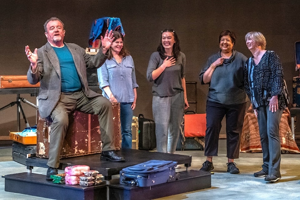 (from left) Eric Keenleyside, Renee Iaci, Camryn Chew, Ragini Kapil and Peg Christopherson perform Delta Stageworks' original play "Heirlooms & Baggage (My Mother's Story)" at Ladner's Genesis Theatre in October of 2023. The company is bringing the production to the North Delta Centre of the Arts for pair of shows Feb. 12 and 13.