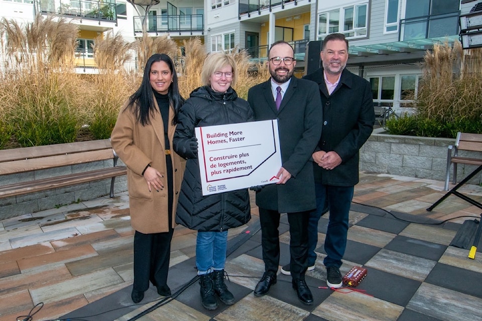 At a joint press conference in Ladner on Monday, Jan. 20, Delta MP Carla Qualtrough and acting mayor Dylan Kruger ( pictured with city councillors Jennifer Johal and Daniel Boisevert) announced the City of Delta is receiving $14.2 million in federal funding through the Housing Accelerator Fund to fast-track the construction of 424 new homes over the next three years.