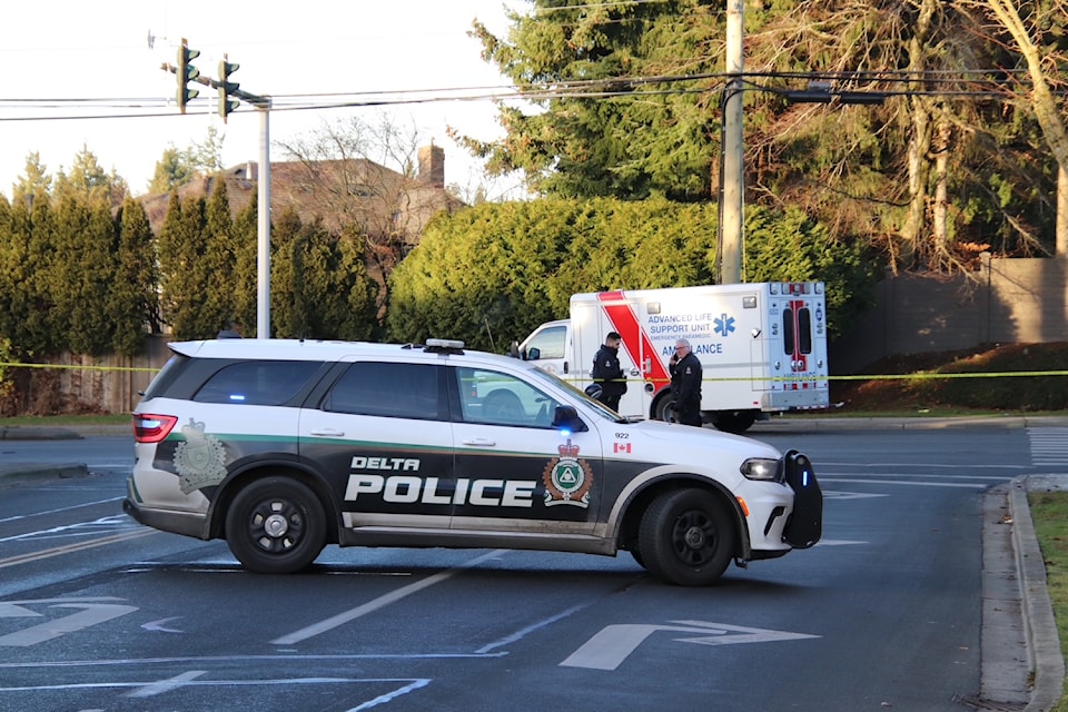 Delta Police Department were called to the scene of a hit-and-run in North Delta that sent a pedestrian to hospital Sunday morning.