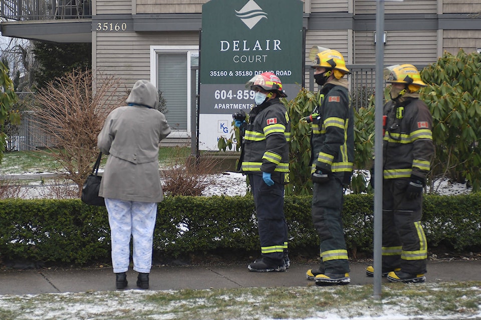 A fire tore through DeLair Court in Abbotsford in the early morning of Feb. 14, 2021. (John Morrow/ Black Press)