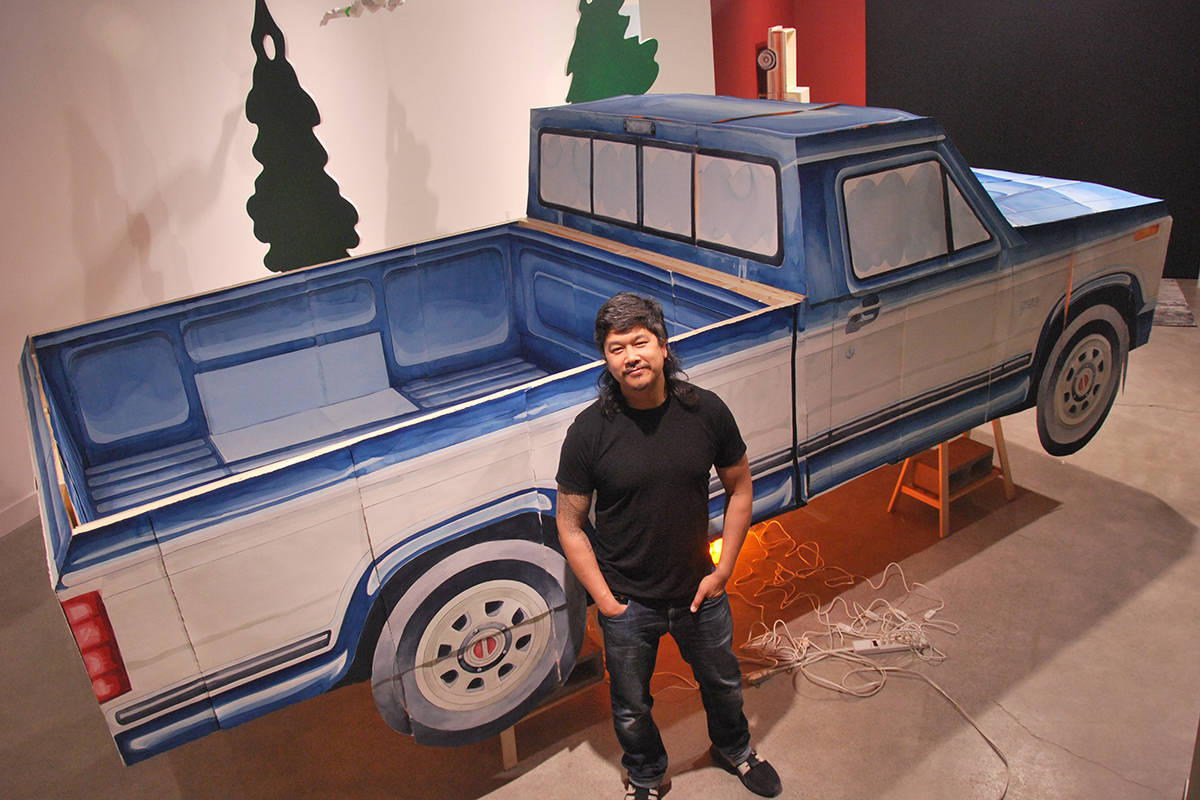 A birds eye view of Nanaimo-raised artist Brendan Lee Satish Tangs life-size paper model of a 1984 Ford F-150 truck at the Nanaimo Art Gallery. (Josef Jacobson/News Bulletin)