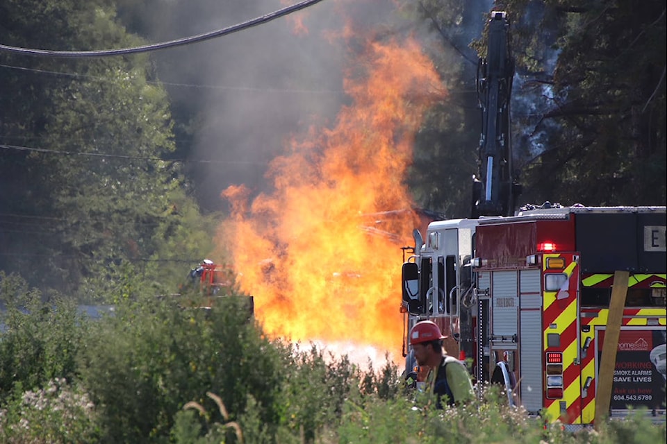Fire erupts at a construction site on 32 Avenue near 192 Street Thursday (July 29) morning. Initial indications are that work crews struck a gas main. (Shane MacKichan photo)