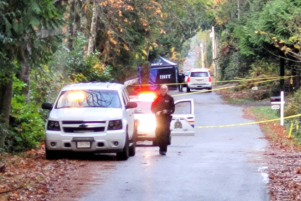 Ridge Meadows and IHIT investigators remain on scene of a homicide in the 25300-block of 102nd Avenue on Tuesday morning, Nov. 2, 2021. Mounties initially received calls of shots fired around 6:40 p.m. Monday, Nov. 2, 2021. They arrived to find a 57-year-old man injured. (Neil Corbett/The News)