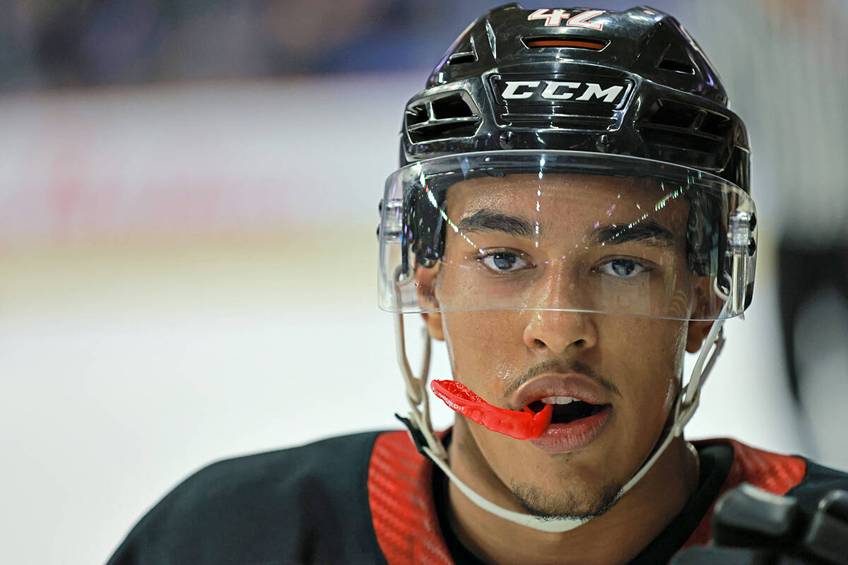 Justin Sourdif had two points and leads the Giants with 20 on the season, but the goal Saturday, Nov. 20, against Victoria was his first in six games. (Rob Wilton/Special to Langley Advance Times)