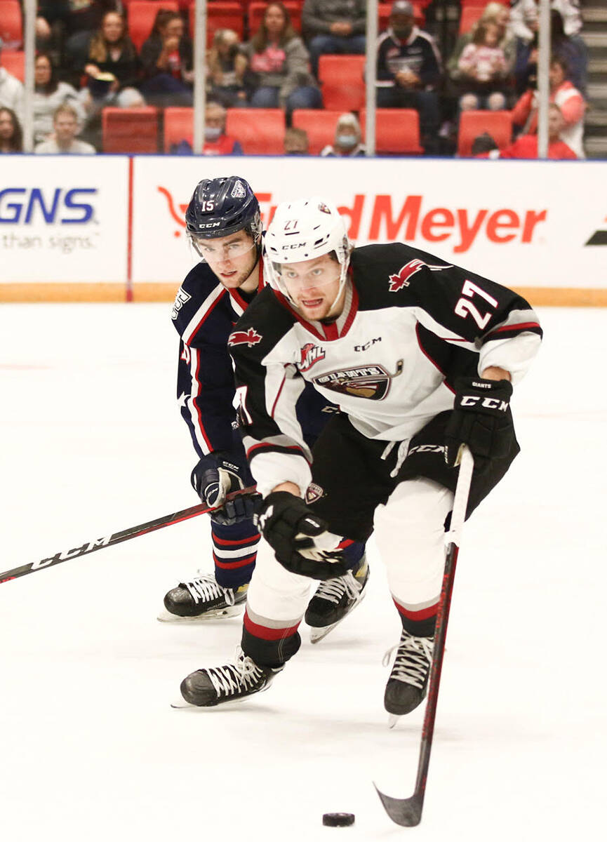 Alex Cotton added a pair of assists as Vancouver Giants earned a 3-1 victory over the Tri-City Americans at the Toyota Center in Kennewick, WA on Friday, Nov. 26 with goals from Ty Thorpe, Justin Sourdif and Fabian Lysell. (Doug Love/Special to Langley Advance Times)