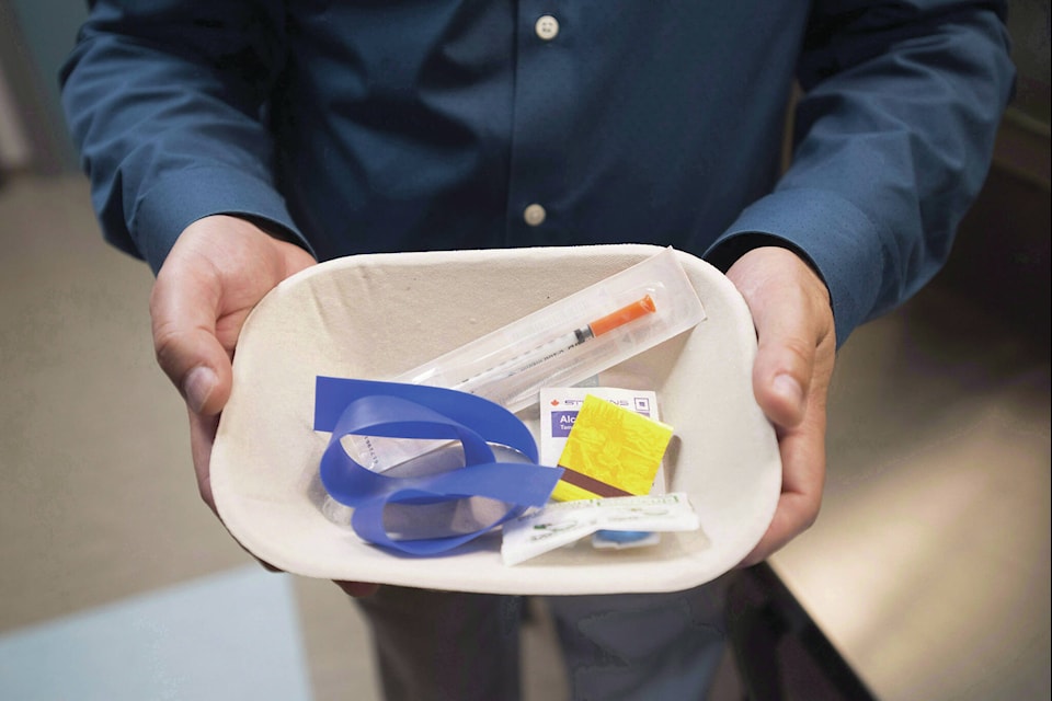 An injection kit is seen inside Fraser Health’s supervised-consumption site in Surrey in June 2017. A new site has been opened in White Rock. (The Canadian Press/Jonathan Hayward photo)