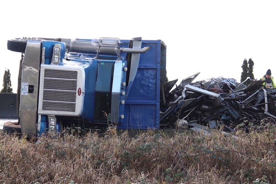 Highway 17 is closed following a single-vehicle crash Thursday morning (Dec. 16) involving a commercial vehicle hauling scrap metal. (Shane MacKichan photo)