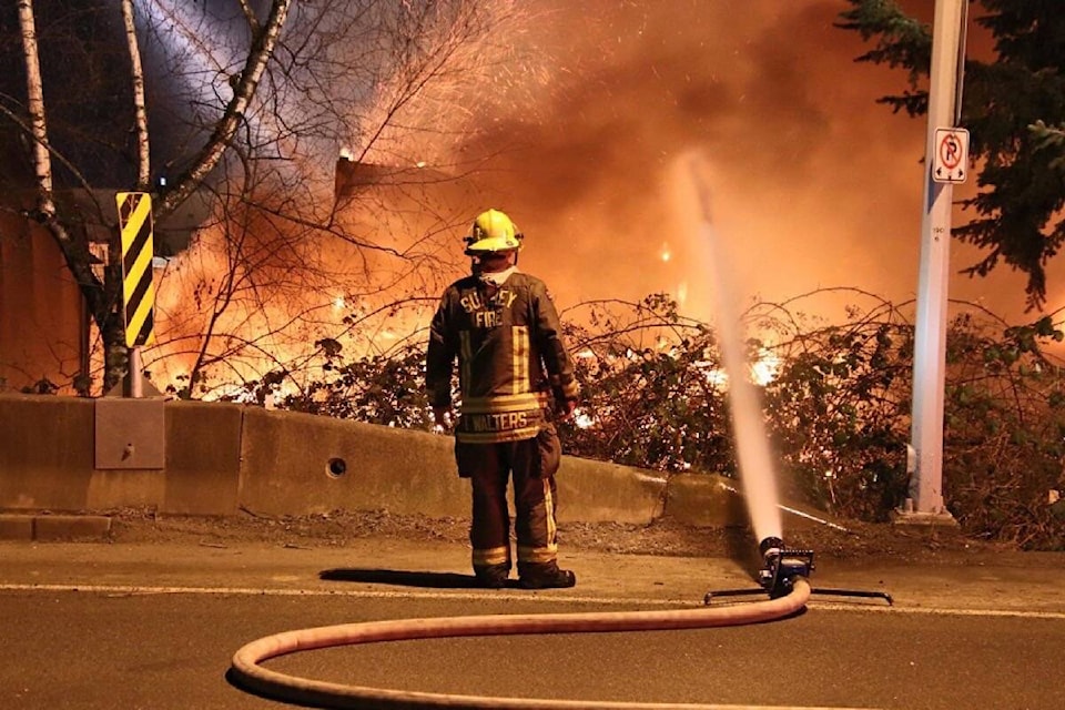 Surrey Fire Service responded to a fire in the industrial area of 192nd street and 54th Avenue early in the moring on Jan. 23, 2021. (Photo: Shane MacKichan)