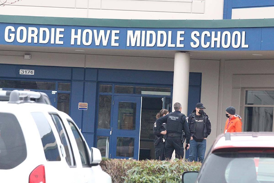 Abbotsford Police were at Colleen and Gordie Howe middle school Thursday morning (Feb. 17) due to a threat related to the school. (Vikki Hopes/Abbotsford News)