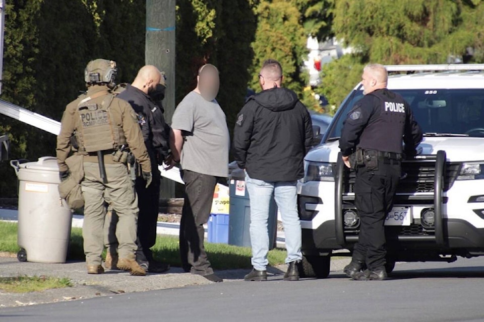 One man was arrested after police responded to a report that a man had barricaded himself inside his home in the 11300-block of 88th Ave. in North Delta on Wednesday, April 27. (Shane MacKichan photo)