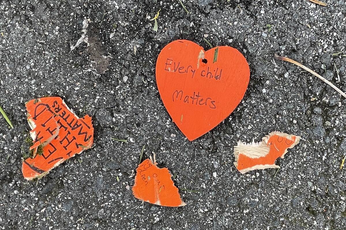 Vandalized orange hearts hand-made to raise awareness about the terrible legacy of Indian residential schools. (Jennifer Feinberg/ Chilliwack Progress)