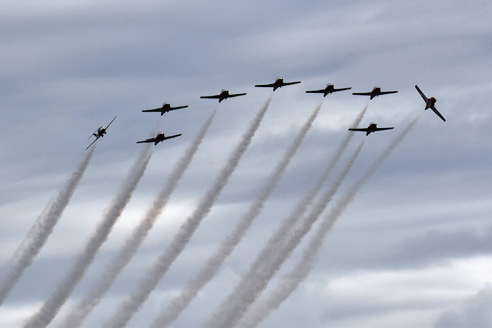 The Canadian Forces’ Snowbirds perfomed a quick flyover above Semiahmoo Bay last summer. (Nick Greenizan photo)