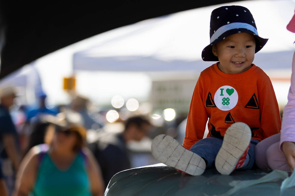 Matthew Chen, 2, sits on top of a hay bale at the Day at the Farm at Westham Island Herb Farm in Delta on Saturday, Sept. 10, 2022. (Photo: Anna Burns)