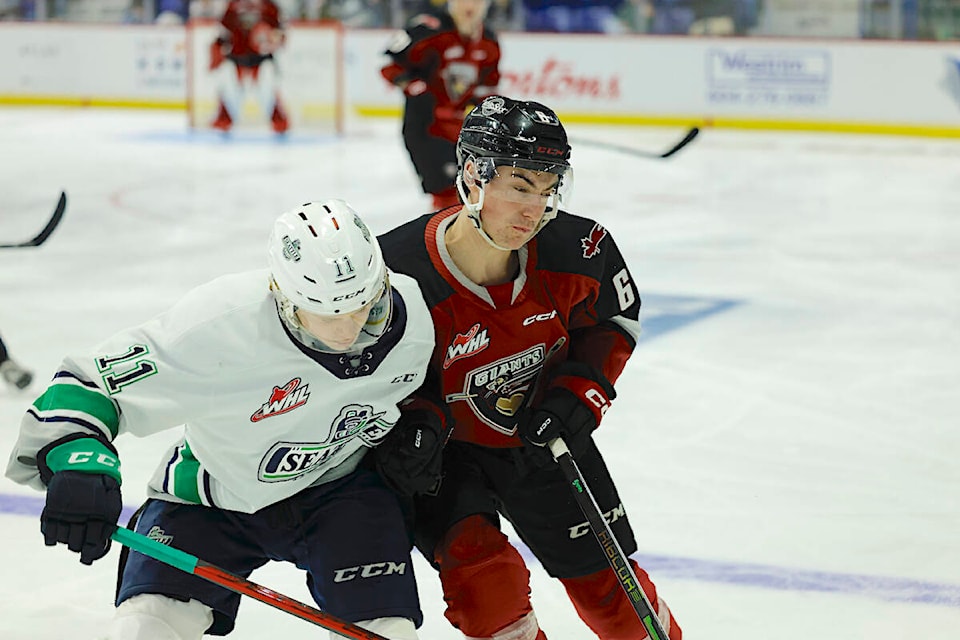 Vancouver Giants got a valuable point in the season opener and fans got a taste of a shootout after not seeing one all last season, but Seattle Thunderbirds scored twice in the shootout to win it Friday, Sept. 23 at Langley Events Centre. (Rob Wilton/Special to Langley Events Centre)