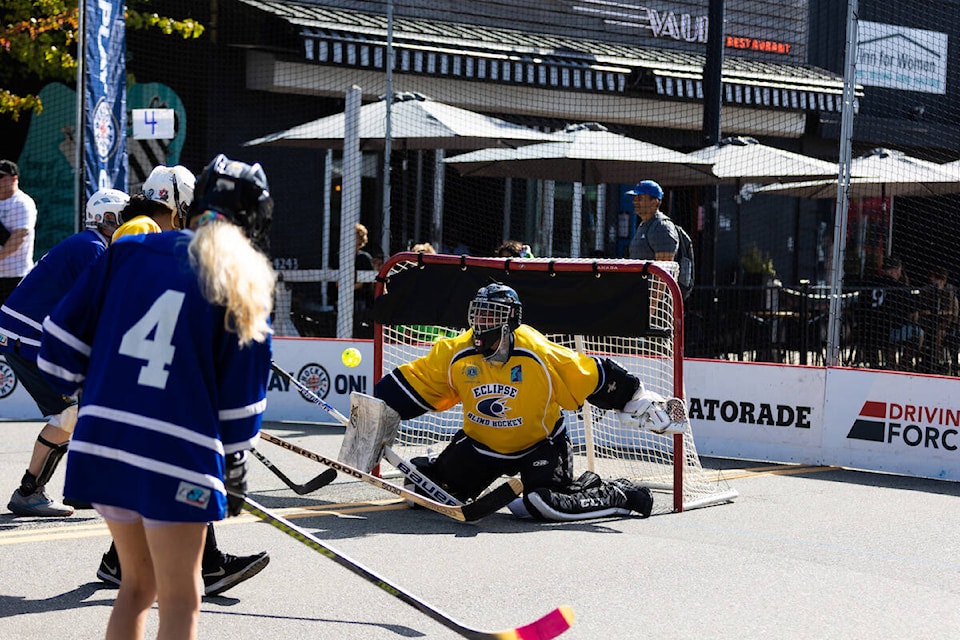 The Eclipse blind hockey team gave a demonstration at PlayOn! in Surrey on Saturday, Sept. 24, 2022. (Photo: Anna Burns)