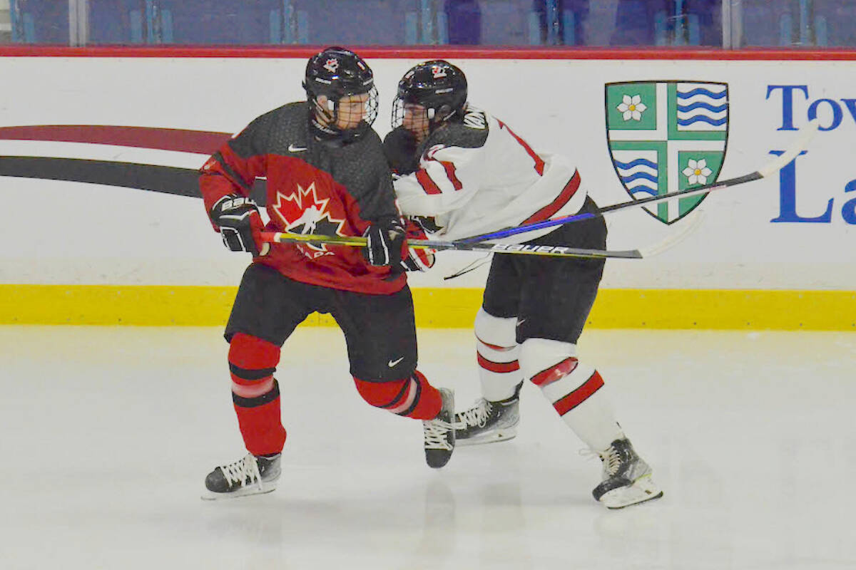 For the first time in nine games, overtime was needed to determine a winner at the World U-17 Hockey Challenge being co-hosted by Langley Events Centre and Sungod Arena. Canada Red downed Canada White 4-3 on Sunday, Nov. 6. (Langley Events Centre/Special to Langley Advance Times)