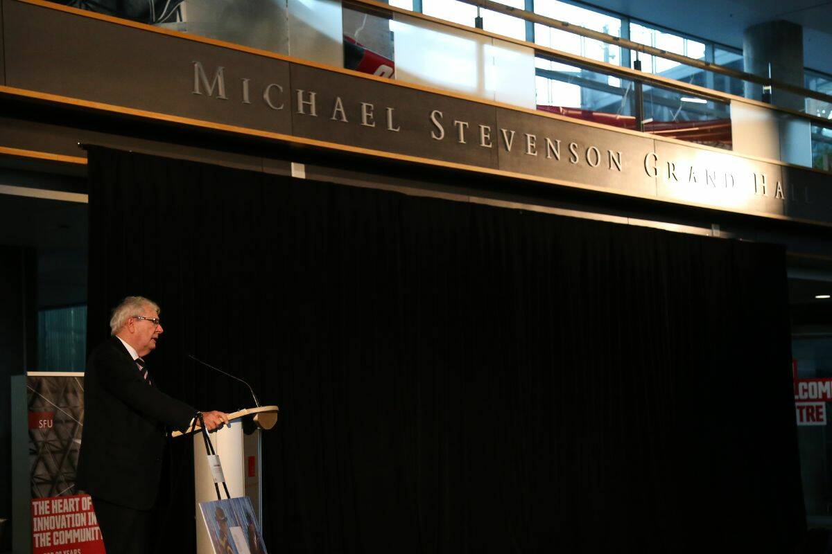 Michael Stevenson Ph.D. gives a speech after the plaque in the grand hall is unveiled at SFU Surrey in Surrey on Thursday, Nov. 17, 2022. (Photo: Anna Burns)