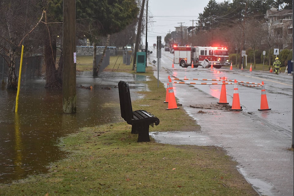A king tide left a portion of Semiahmoo First Nation land and Marine Drive under water on Tuesday (Dec. 27) morning. (Sobia Moman photo)